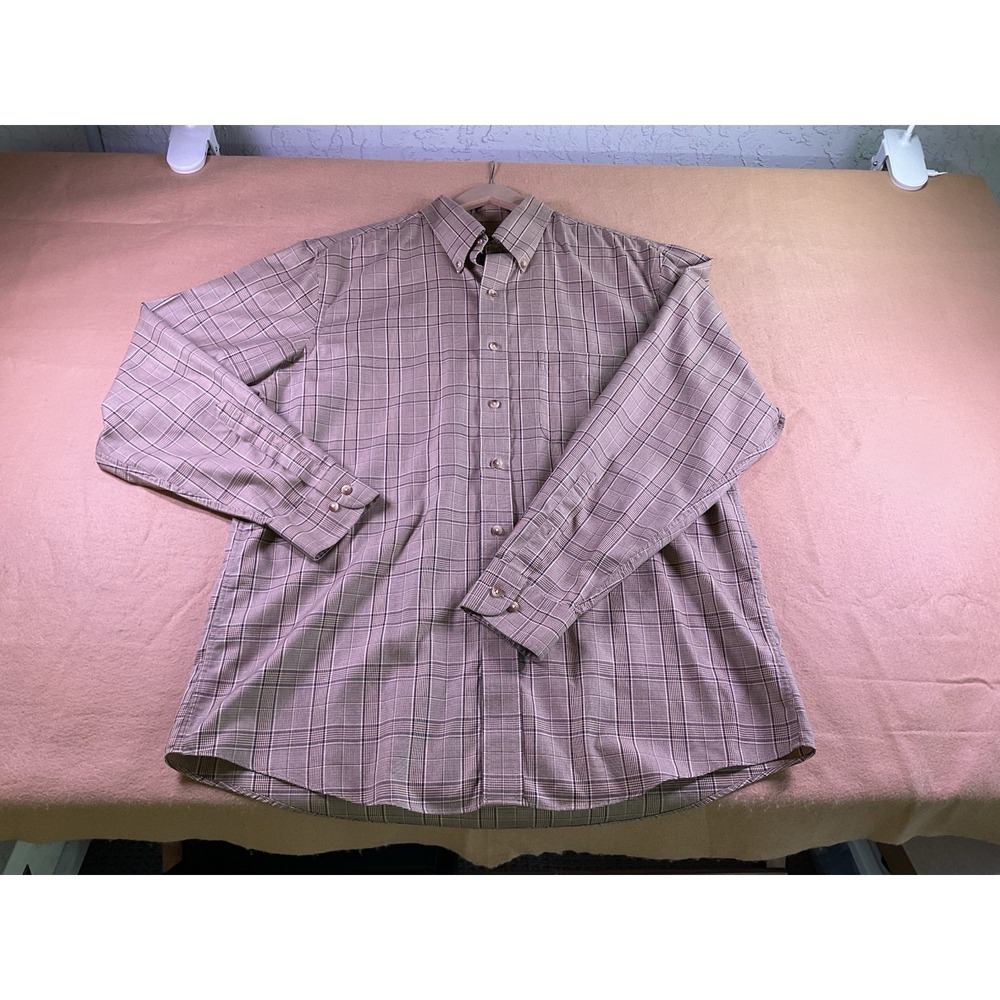 Jos A Bank Men L Brown Plaid Traveler Collection Tailored Fit Button Shirt